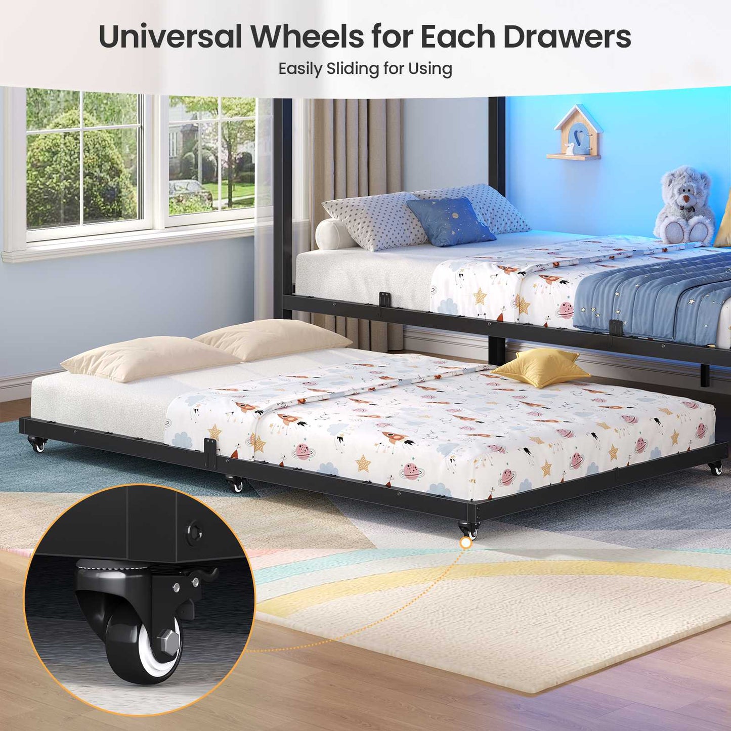 ADORNEVE Twin Over Twin Bunk Bed with Trundle and Storage Stairs LED Bunk Beds with 6 Drawers
