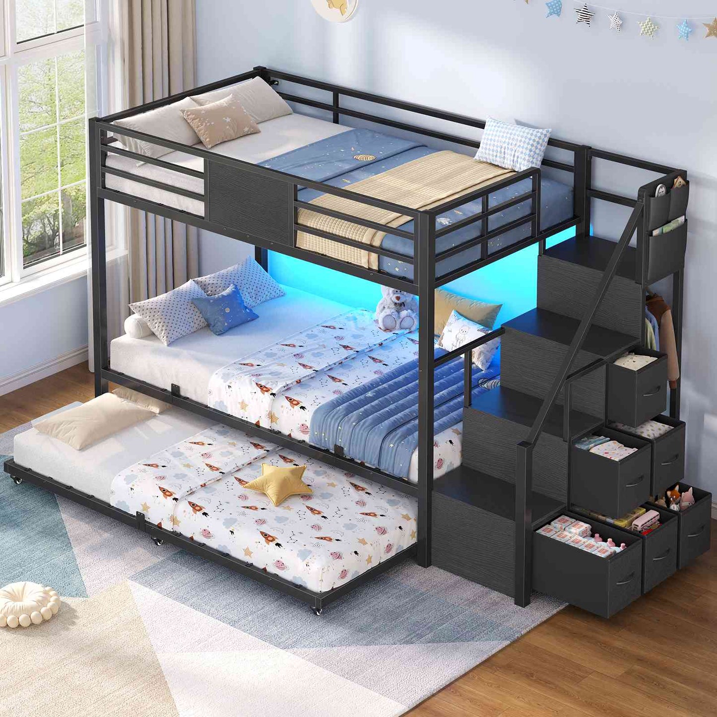 ADORNEVE Twin Over Twin Bunk Bed with Trundle and Storage Stairs LED Bunk Beds with 6 Drawers