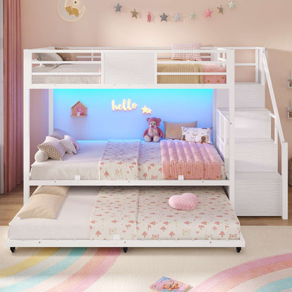 ADORNEVE Twin Over Twin Bunk Bed with Trundle and Storage Stairs LED Bunk Beds with 6 Drawers