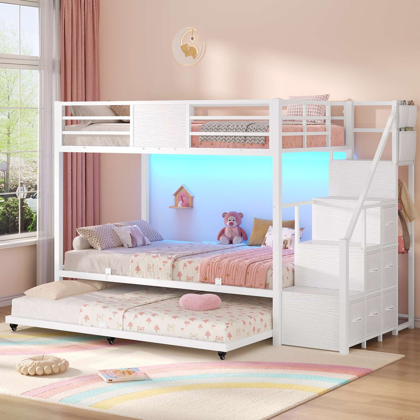ADORNEVE Twin Over Twin Bunk Bed with Trundle and Storage Stairs LED Bunk Beds with 6 Drawers