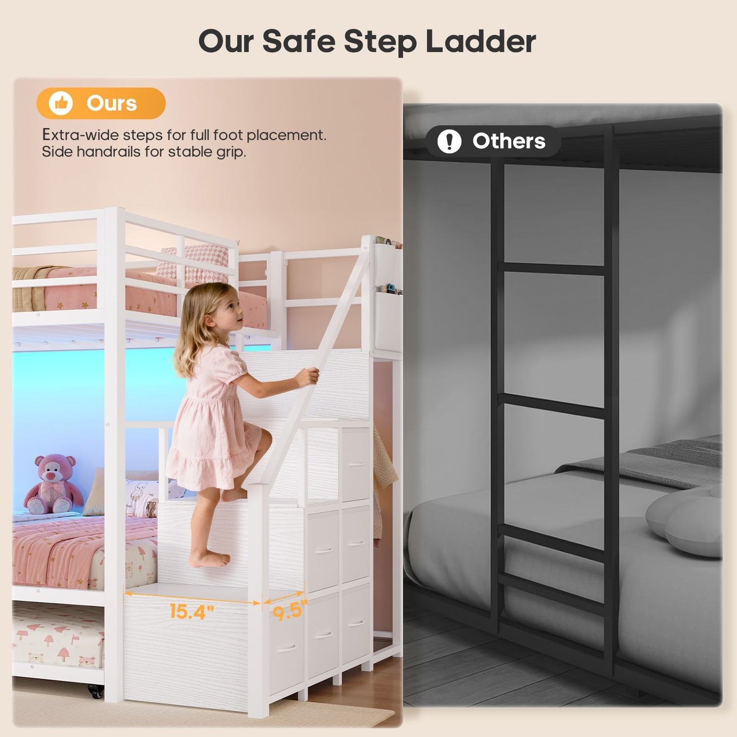 ADORNEVE Twin Over Twin Bunk Bed with Trundle and Storage Stairs LED Bunk Beds with 6 Drawers