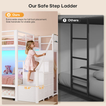 ADORNEVE Twin Over Twin Bunk Bed with Trundle and Storage Stairs LED Bunk Beds with 6 Drawers
