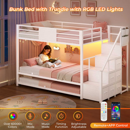 ADORNEVE Twin Over Twin Bunk Bed with Trundle and Storage Stairs LED Bunk Beds with 6 Drawers