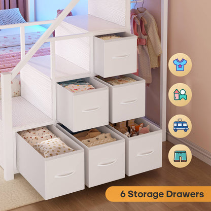 ADORNEVE Twin Over Twin Bunk Bed with Trundle and Storage Stairs LED Bunk Beds with 6 Drawers