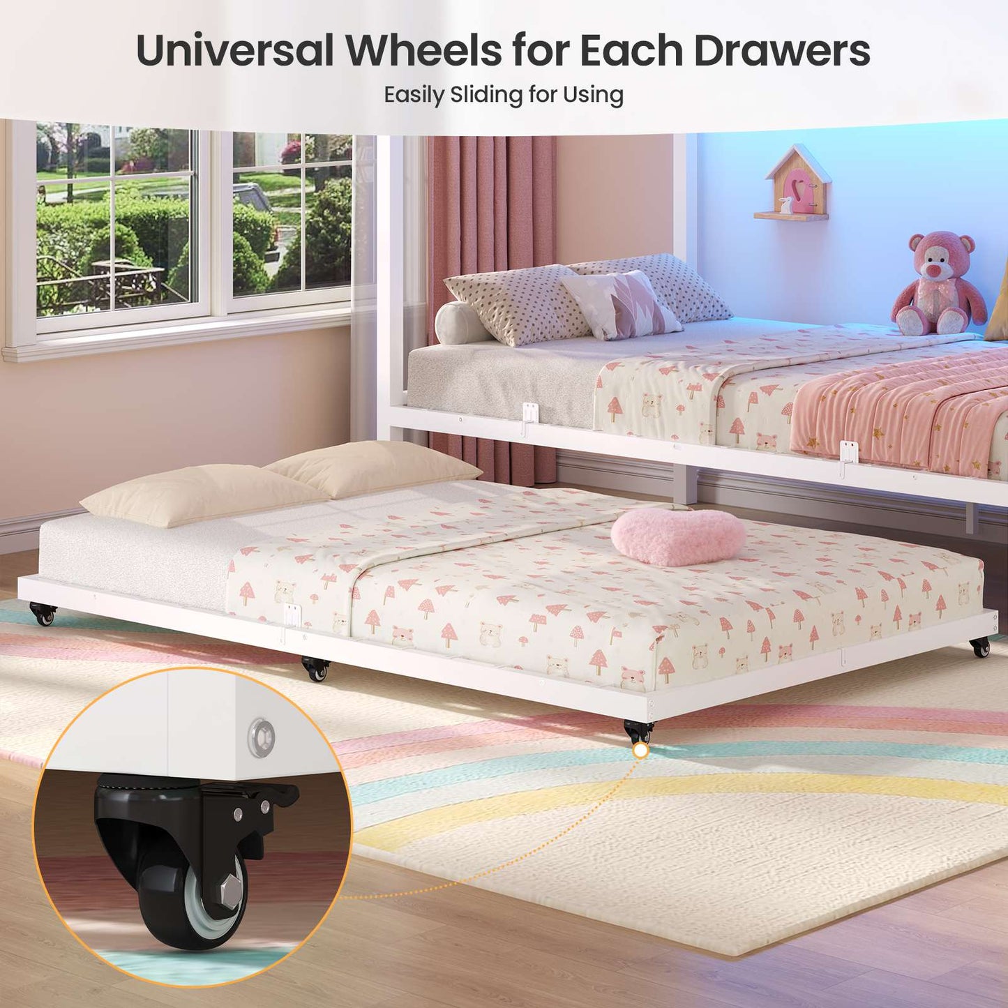 ADORNEVE Twin Over Twin Bunk Bed with Trundle and Storage Stairs LED Bunk Beds with 6 Drawers