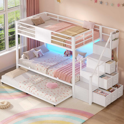 ADORNEVE Twin Over Twin Bunk Bed with Trundle and Storage Stairs LED Bunk Beds with 6 Drawers