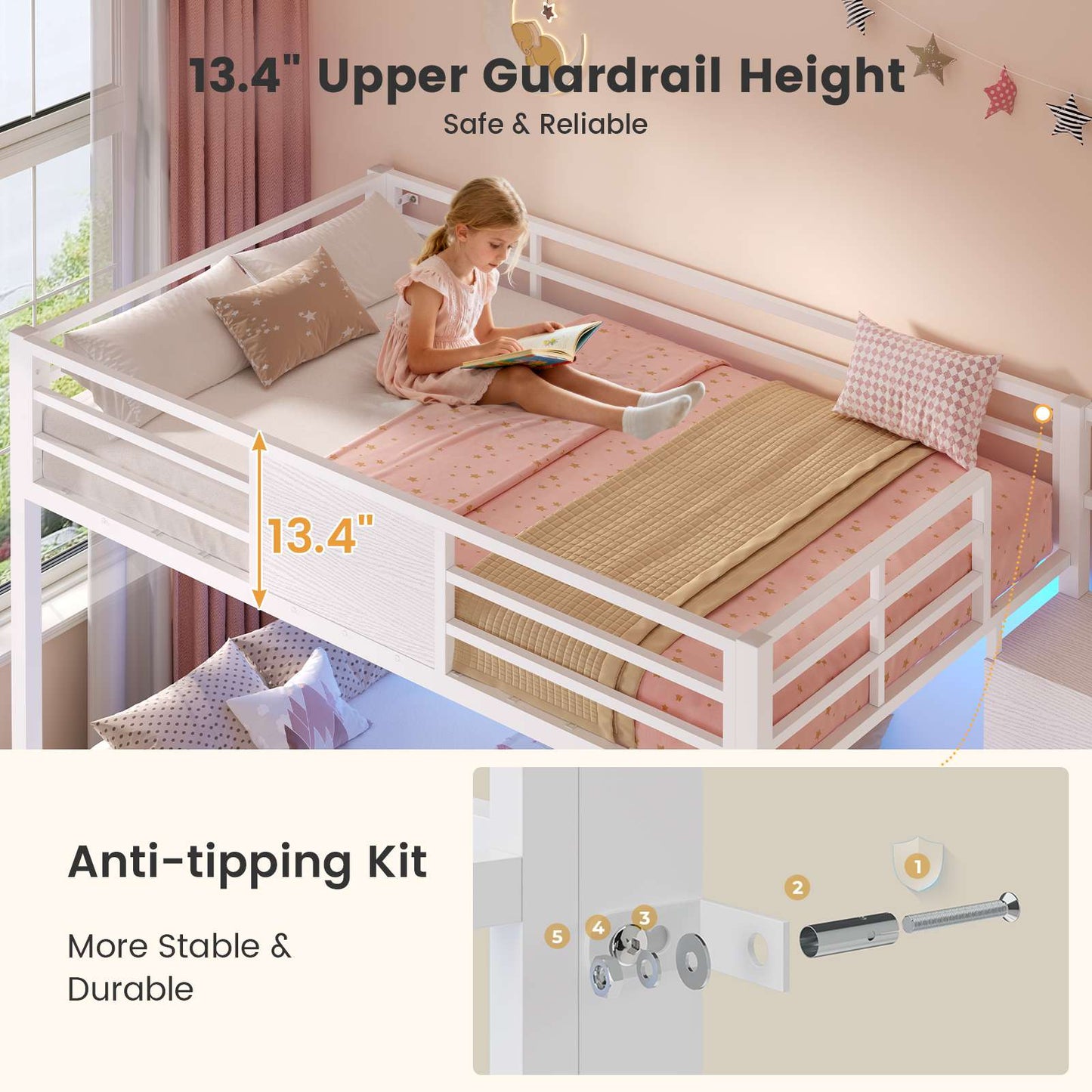 ADORNEVE Twin Over Twin Bunk Bed with Trundle and Storage Stairs LED Bunk Beds with 6 Drawers