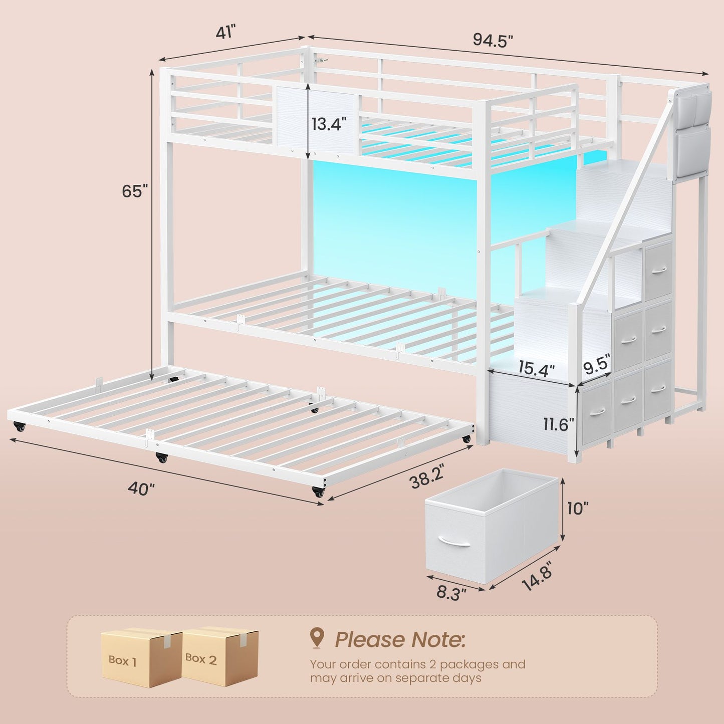 ADORNEVE Twin Over Twin Bunk Bed with Trundle and Storage Stairs LED Bunk Beds with 6 Drawers