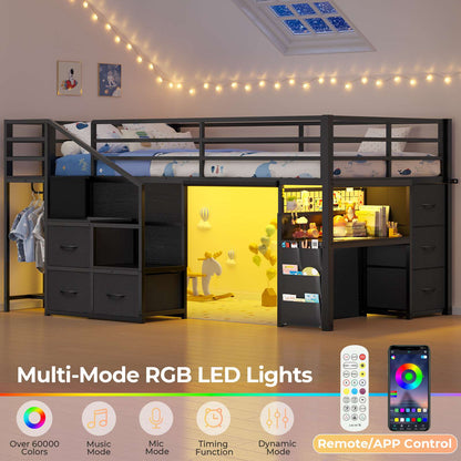 ADORNEVE Low Loft Bed Twin with Stairs and Desk LED Kids Loft Bed with 6 Storage Drawers and Safety Guardrails Twin Loft Bed with Secret Fort and Clothes Rod