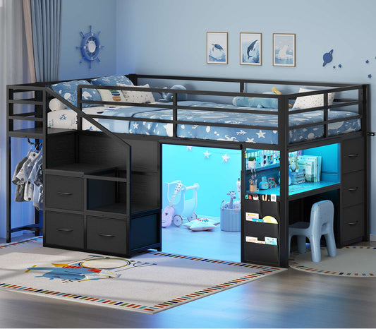 ADORNEVE Low Loft Bed Twin with Stairs and Desk LED Kids Loft Bed with 6 Storage Drawers and Safety Guardrails Twin Loft Bed with Secret Fort and Clothes Rod