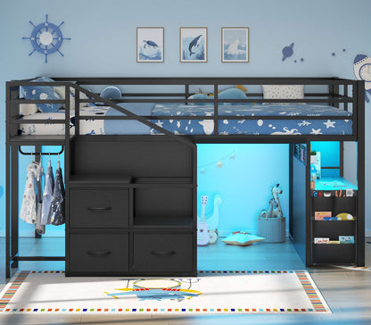 ADORNEVE Low Loft Bed Twin with Stairs and Desk LED Kids Loft Bed with 6 Storage Drawers and Safety Guardrails Twin Loft Bed with Secret Fort and Clothes Rod