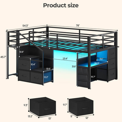 ADORNEVE Low Loft Bed Twin with Stairs and Desk LED Kids Loft Bed with 6 Storage Drawers and Safety Guardrails Twin Loft Bed with Secret Fort and Clothes Rod