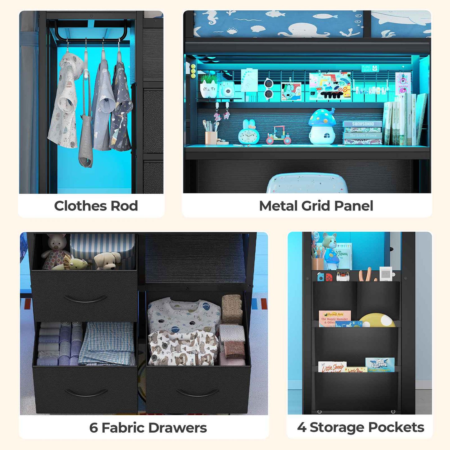 ADORNEVE Low Loft Bed Twin with Stairs and Desk LED Kids Loft Bed with 6 Storage Drawers and Safety Guardrails Twin Loft Bed with Secret Fort and Clothes Rod
