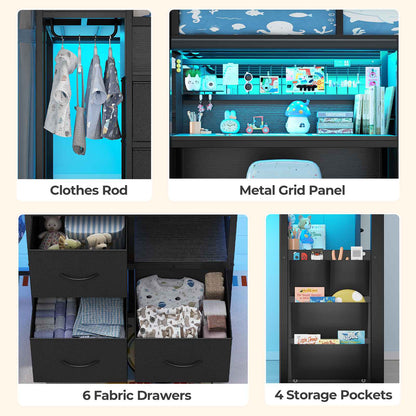 ADORNEVE Low Loft Bed Twin with Stairs and Desk LED Kids Loft Bed with 6 Storage Drawers and Safety Guardrails Twin Loft Bed with Secret Fort and Clothes Rod