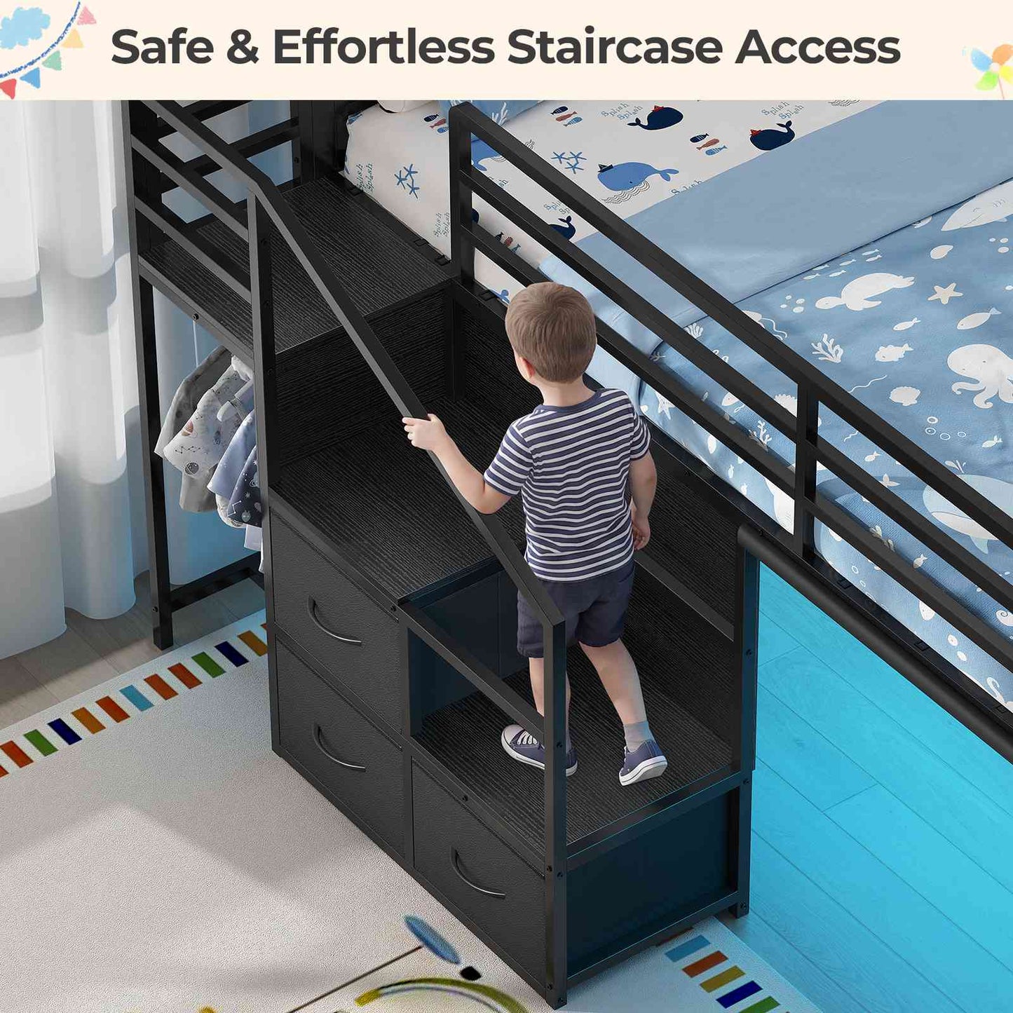 ADORNEVE Low Loft Bed Twin with Stairs and Desk LED Kids Loft Bed with 6 Storage Drawers and Safety Guardrails Twin Loft Bed with Secret Fort and Clothes Rod