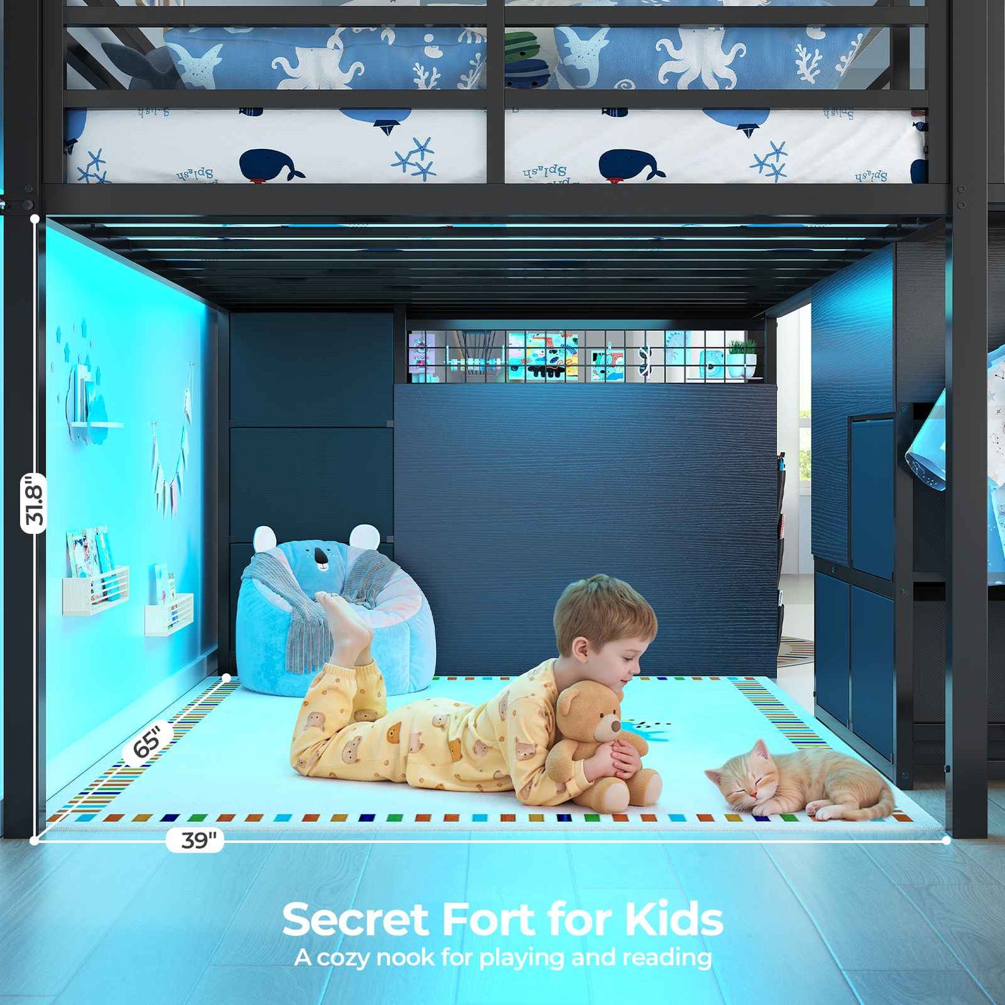 ADORNEVE Low Loft Bed Twin with Stairs and Desk LED Kids Loft Bed with 6 Storage Drawers and Safety Guardrails Twin Loft Bed with Secret Fort and Clothes Rod