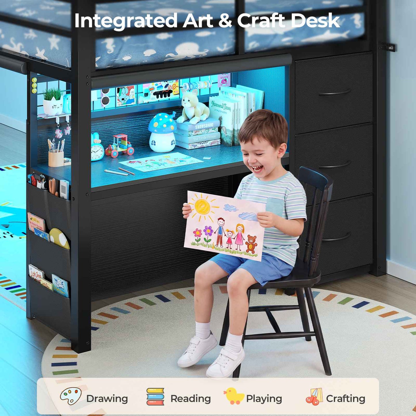 ADORNEVE Low Loft Bed Twin with Stairs and Desk LED Kids Loft Bed with 6 Storage Drawers and Safety Guardrails Twin Loft Bed with Secret Fort and Clothes Rod