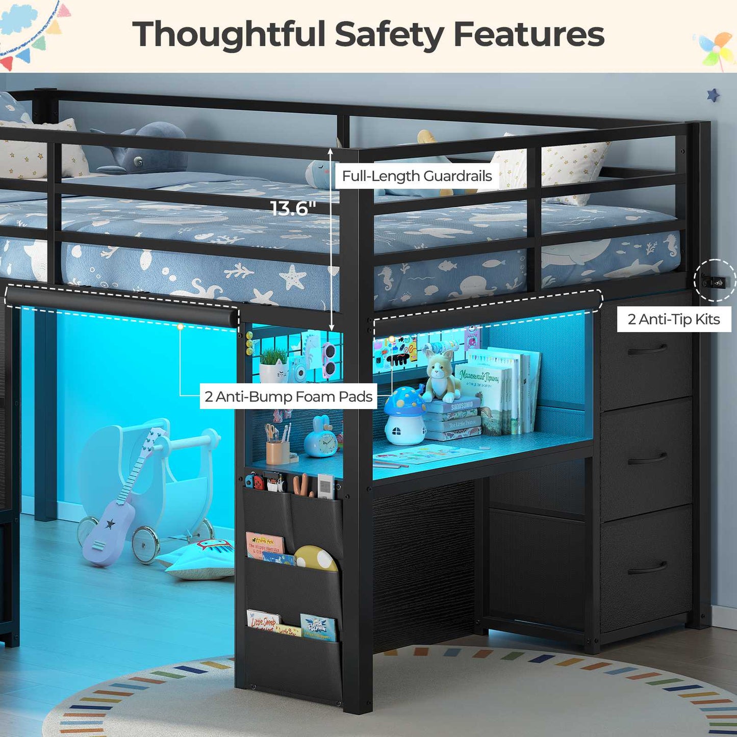 ADORNEVE Low Loft Bed Twin with Stairs and Desk LED Kids Loft Bed with 6 Storage Drawers and Safety Guardrails Twin Loft Bed with Secret Fort and Clothes Rod