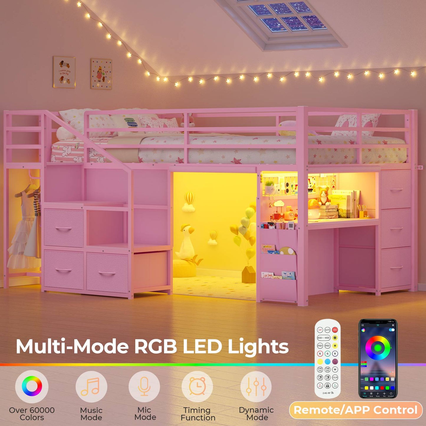ADORNEVE Low Loft Bed Twin with Stairs and Desk LED Kids Loft Bed with 6 Storage Drawers and Safety Guardrails Twin Loft Bed with Secret Fort and Clothes Rod