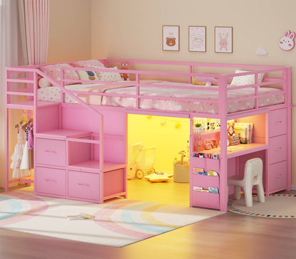 ADORNEVE Low Loft Bed Twin with Stairs and Desk LED Kids Loft Bed with 6 Storage Drawers and Safety Guardrails Twin Loft Bed with Secret Fort and Clothes Rod