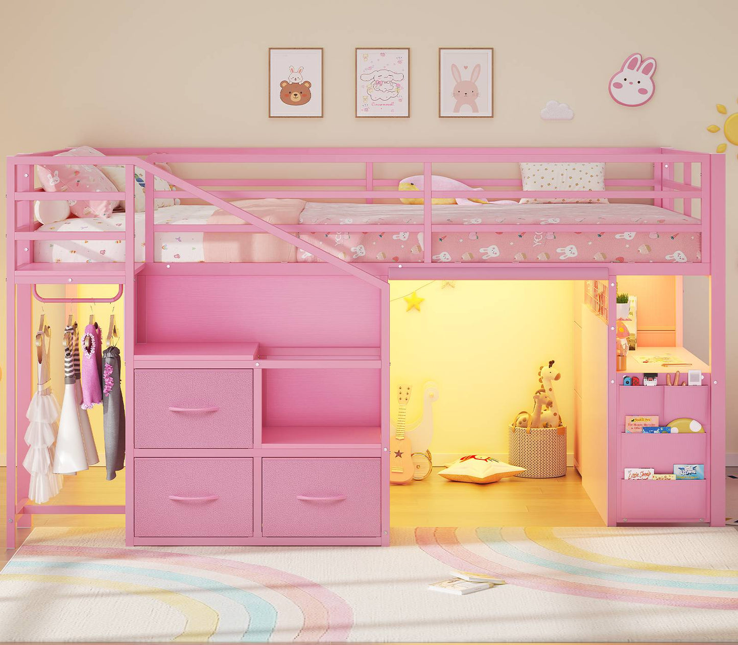 ADORNEVE Low Loft Bed Twin with Stairs and Desk LED Kids Loft Bed with 6 Storage Drawers and Safety Guardrails Twin Loft Bed with Secret Fort and Clothes Rod