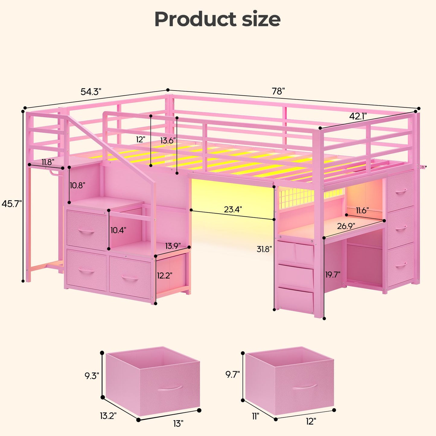 ADORNEVE Low Loft Bed Twin with Stairs and Desk LED Kids Loft Bed with 6 Storage Drawers and Safety Guardrails Twin Loft Bed with Secret Fort and Clothes Rod