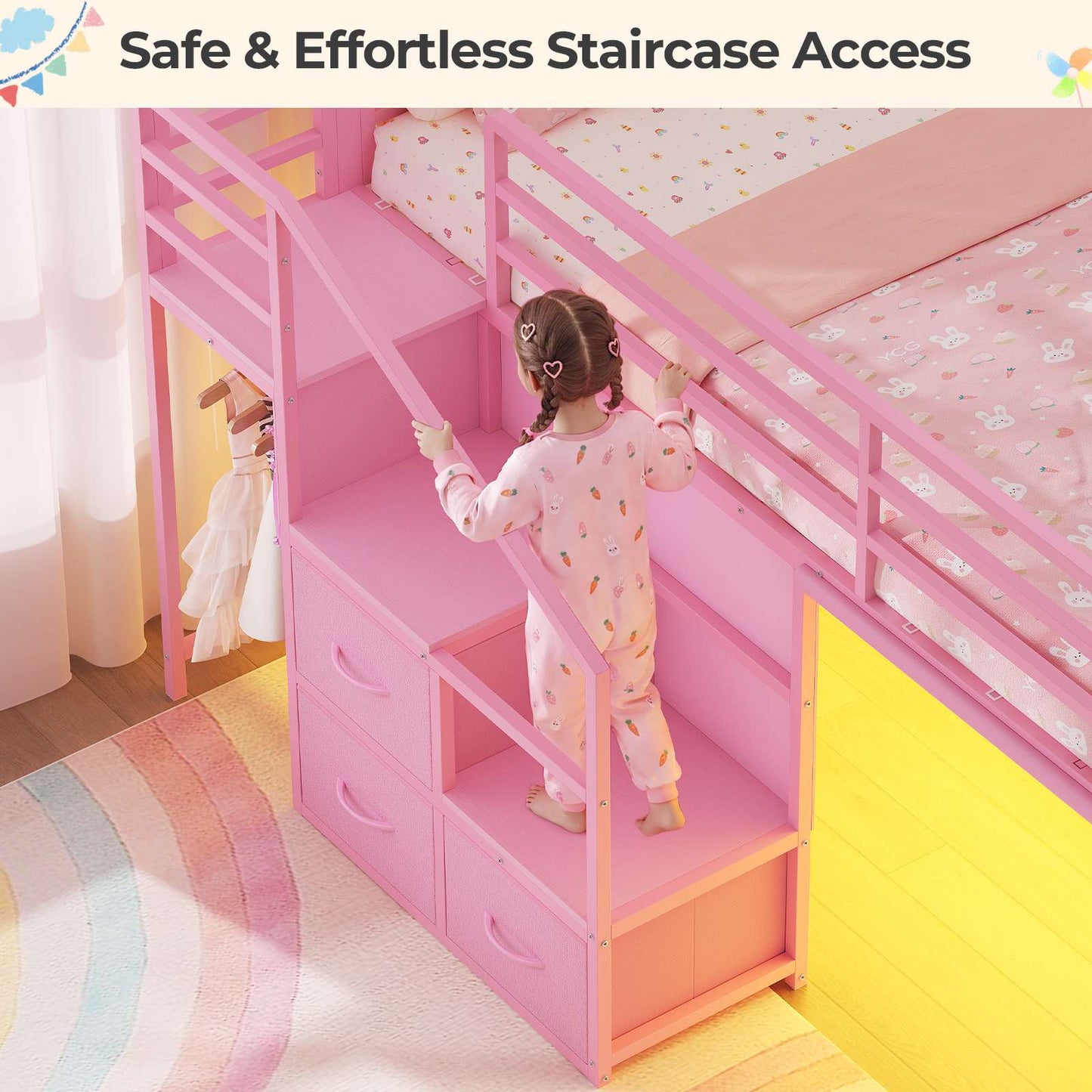 ADORNEVE Low Loft Bed Twin with Stairs and Desk LED Kids Loft Bed with 6 Storage Drawers and Safety Guardrails Twin Loft Bed with Secret Fort and Clothes Rod