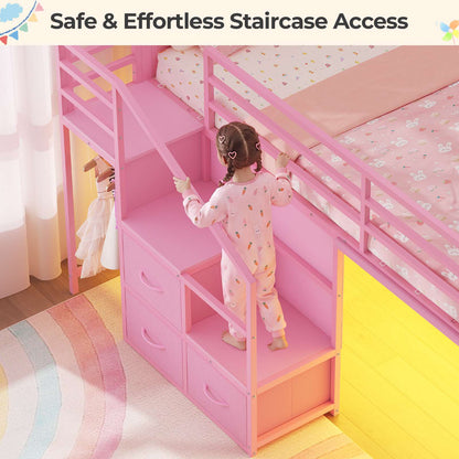ADORNEVE Low Loft Bed Twin with Stairs and Desk LED Kids Loft Bed with 6 Storage Drawers and Safety Guardrails Twin Loft Bed with Secret Fort and Clothes Rod