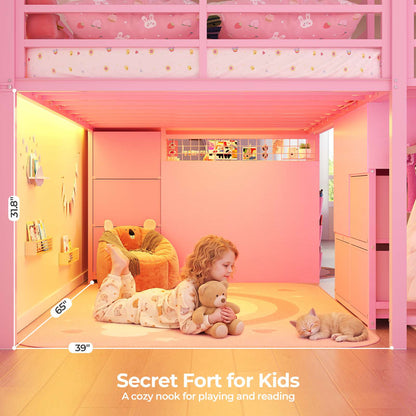 ADORNEVE Low Loft Bed Twin with Stairs and Desk LED Kids Loft Bed with 6 Storage Drawers and Safety Guardrails Twin Loft Bed with Secret Fort and Clothes Rod