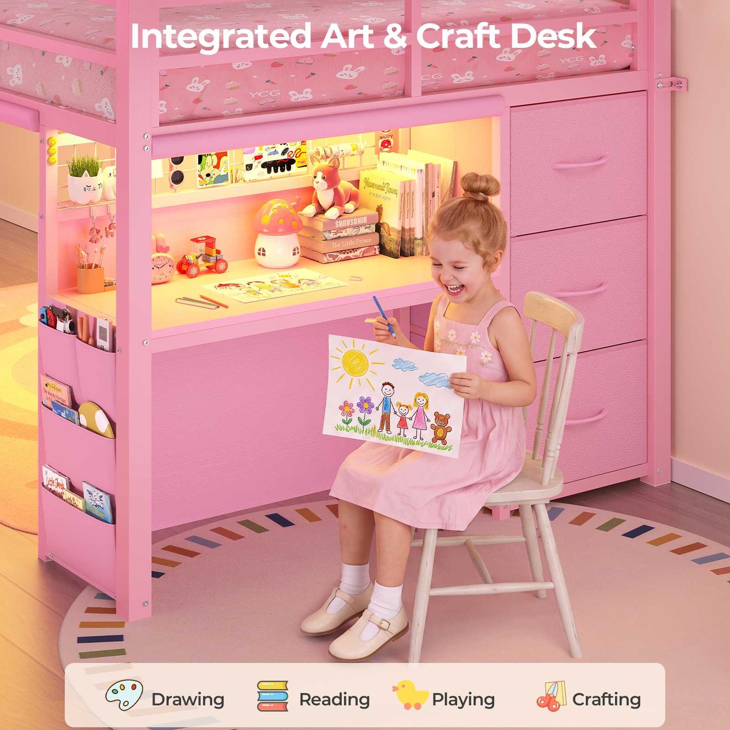 ADORNEVE Low Loft Bed Twin with Stairs and Desk LED Kids Loft Bed with 6 Storage Drawers and Safety Guardrails Twin Loft Bed with Secret Fort and Clothes Rod