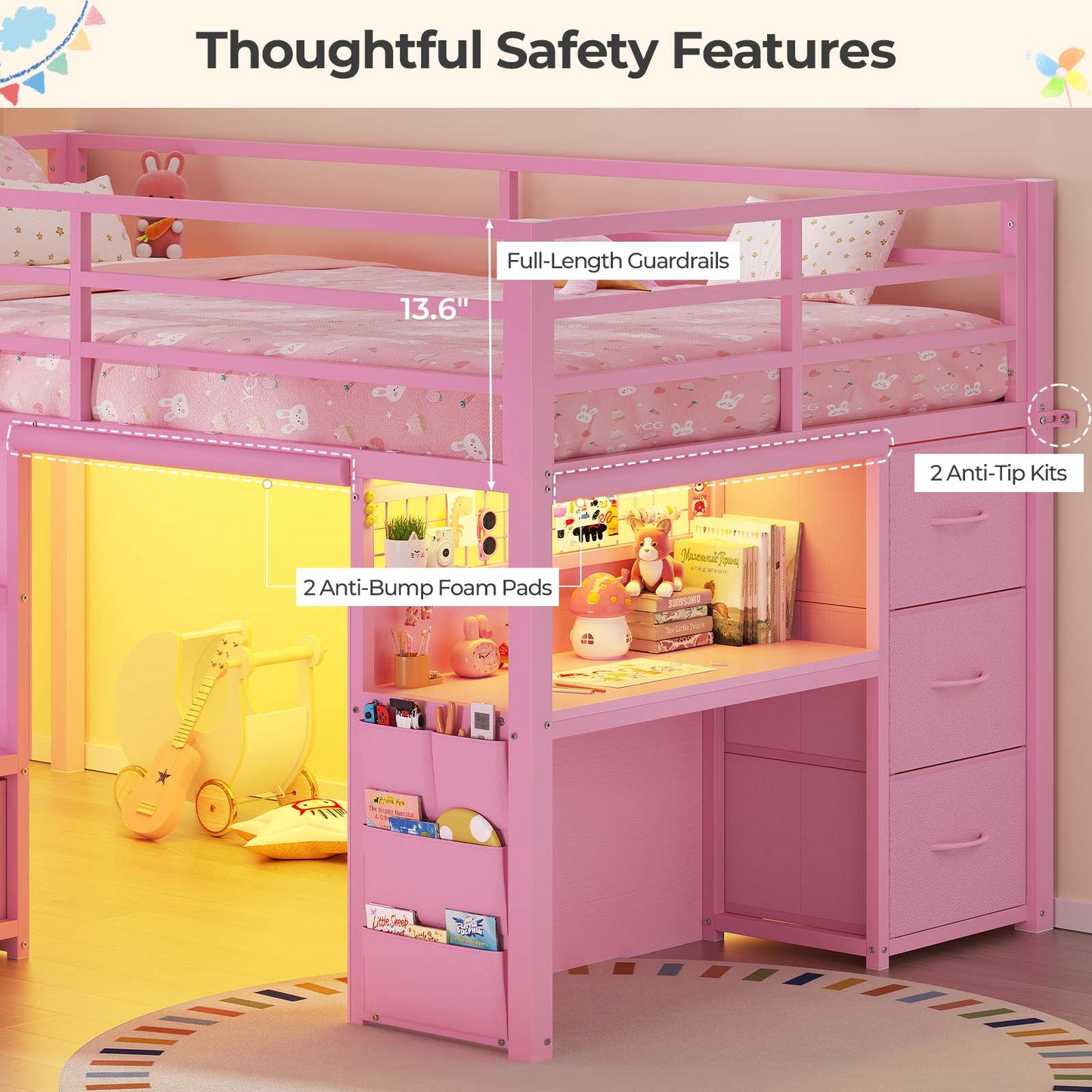 ADORNEVE Low Loft Bed Twin with Stairs and Desk LED Kids Loft Bed with 6 Storage Drawers and Safety Guardrails Twin Loft Bed with Secret Fort and Clothes Rod