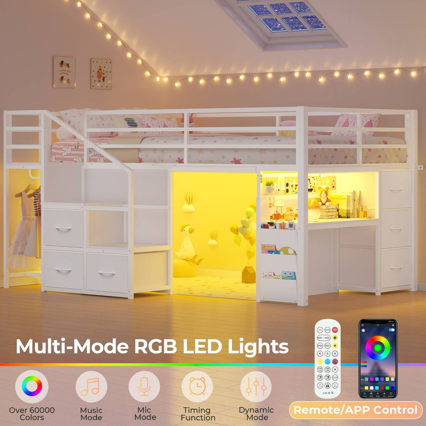 ADORNEVE Low Loft Bed Twin with Stairs and Desk LED Kids Loft Bed with 6 Storage Drawers and Safety Guardrails Twin Loft Bed with Secret Fort and Clothes Rod