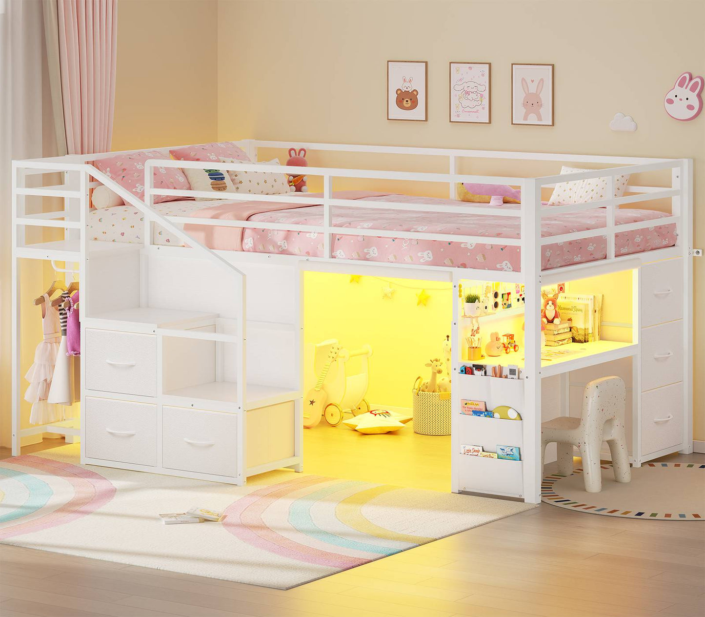 ADORNEVE Low Loft Bed Twin with Stairs and Desk LED Kids Loft Bed with 6 Storage Drawers and Safety Guardrails Twin Loft Bed with Secret Fort and Clothes Rod