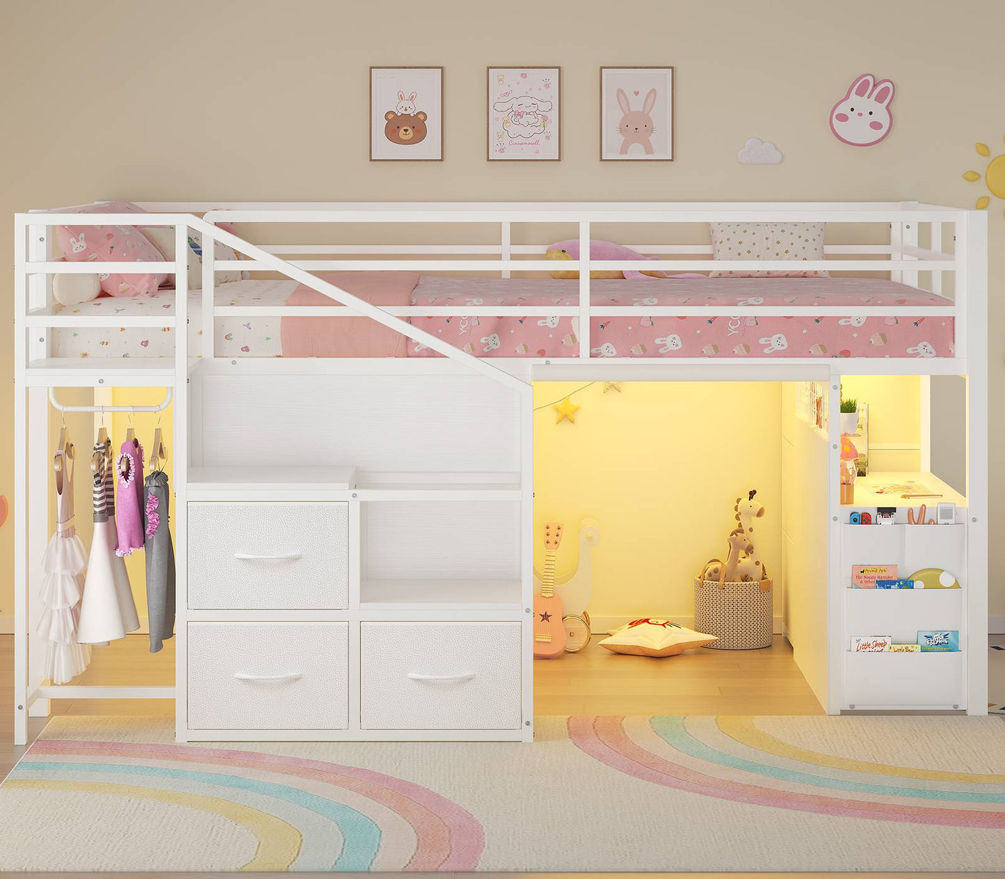 ADORNEVE Low Loft Bed Twin with Stairs and Desk LED Kids Loft Bed with 6 Storage Drawers and Safety Guardrails Twin Loft Bed with Secret Fort and Clothes Rod