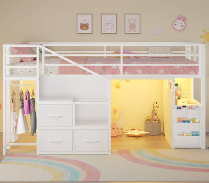 ADORNEVE Low Loft Bed Twin with Stairs and Desk LED Kids Loft Bed with 6 Storage Drawers and Safety Guardrails Twin Loft Bed with Secret Fort and Clothes Rod