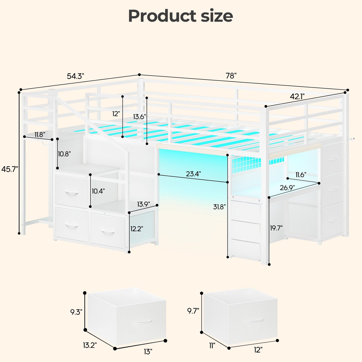 ADORNEVE Low Loft Bed Twin with Stairs and Desk LED Kids Loft Bed with 6 Storage Drawers and Safety Guardrails Twin Loft Bed with Secret Fort and Clothes Rod