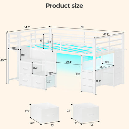 ADORNEVE Low Loft Bed Twin with Stairs and Desk LED Kids Loft Bed with 6 Storage Drawers and Safety Guardrails Twin Loft Bed with Secret Fort and Clothes Rod