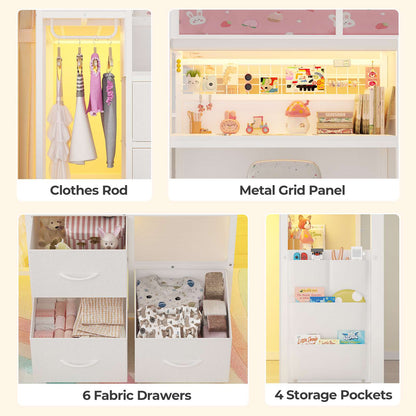 ADORNEVE Low Loft Bed Twin with Stairs and Desk LED Kids Loft Bed with 6 Storage Drawers and Safety Guardrails Twin Loft Bed with Secret Fort and Clothes Rod