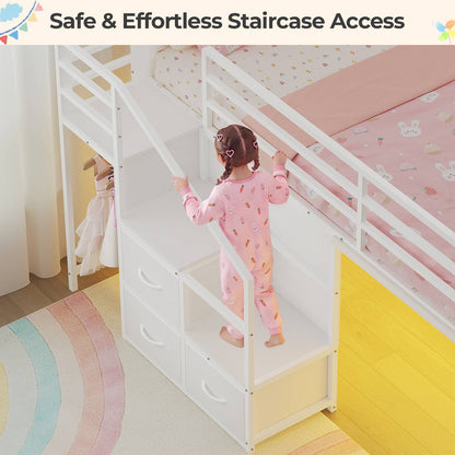ADORNEVE Low Loft Bed Twin with Stairs and Desk LED Kids Loft Bed with 6 Storage Drawers and Safety Guardrails Twin Loft Bed with Secret Fort and Clothes Rod