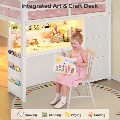 ADORNEVE Low Loft Bed Twin with Stairs and Desk LED Kids Loft Bed with 6 Storage Drawers and Safety Guardrails Twin Loft Bed with Secret Fort and Clothes Rod