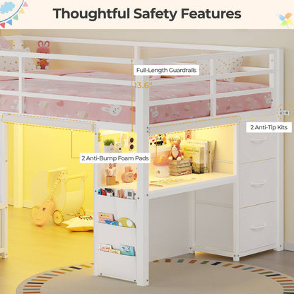 ADORNEVE Low Loft Bed Twin with Stairs and Desk LED Kids Loft Bed with 6 Storage Drawers and Safety Guardrails Twin Loft Bed with Secret Fort and Clothes Rod