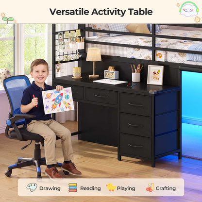 ADORNEVE Low Loft Bed Twin Size with Desk and 12 Storage Drawers Kids LED Loft Bed with Secret Fort and Safety Guardrails Loft Bed with Shelf and Slanted Ladder