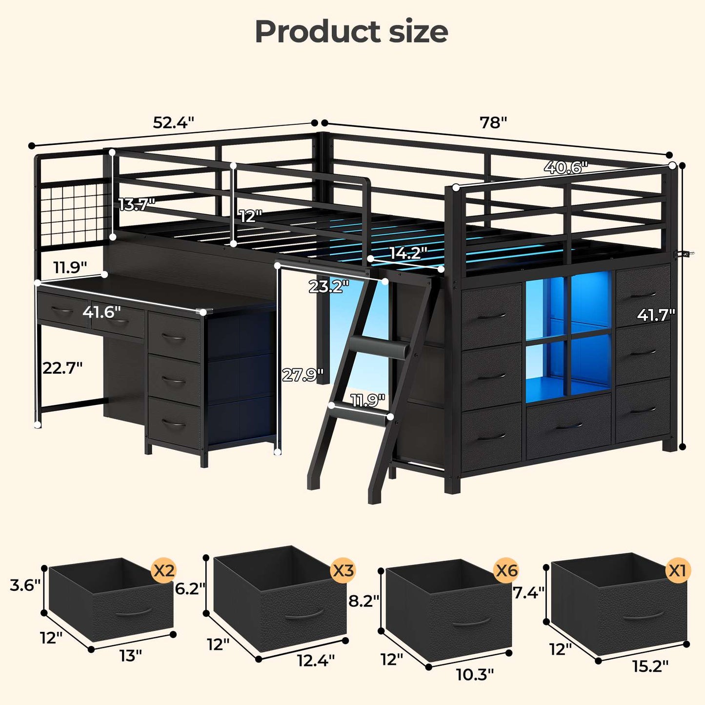 ADORNEVE Low Loft Bed Twin Size with Desk and 12 Storage Drawers Kids LED Loft Bed with Secret Fort and Safety Guardrails Loft Bed with Shelf and Slanted Ladder