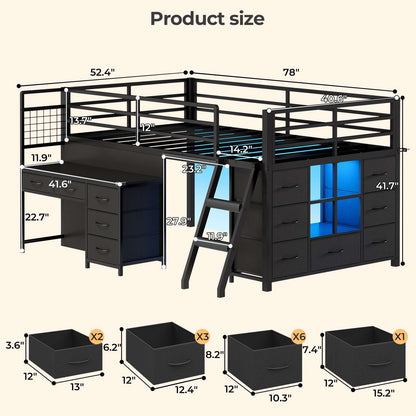 ADORNEVE Low Loft Bed Twin Size with Desk and 12 Storage Drawers Kids LED Loft Bed with Secret Fort and Safety Guardrails Loft Bed with Shelf and Slanted Ladder