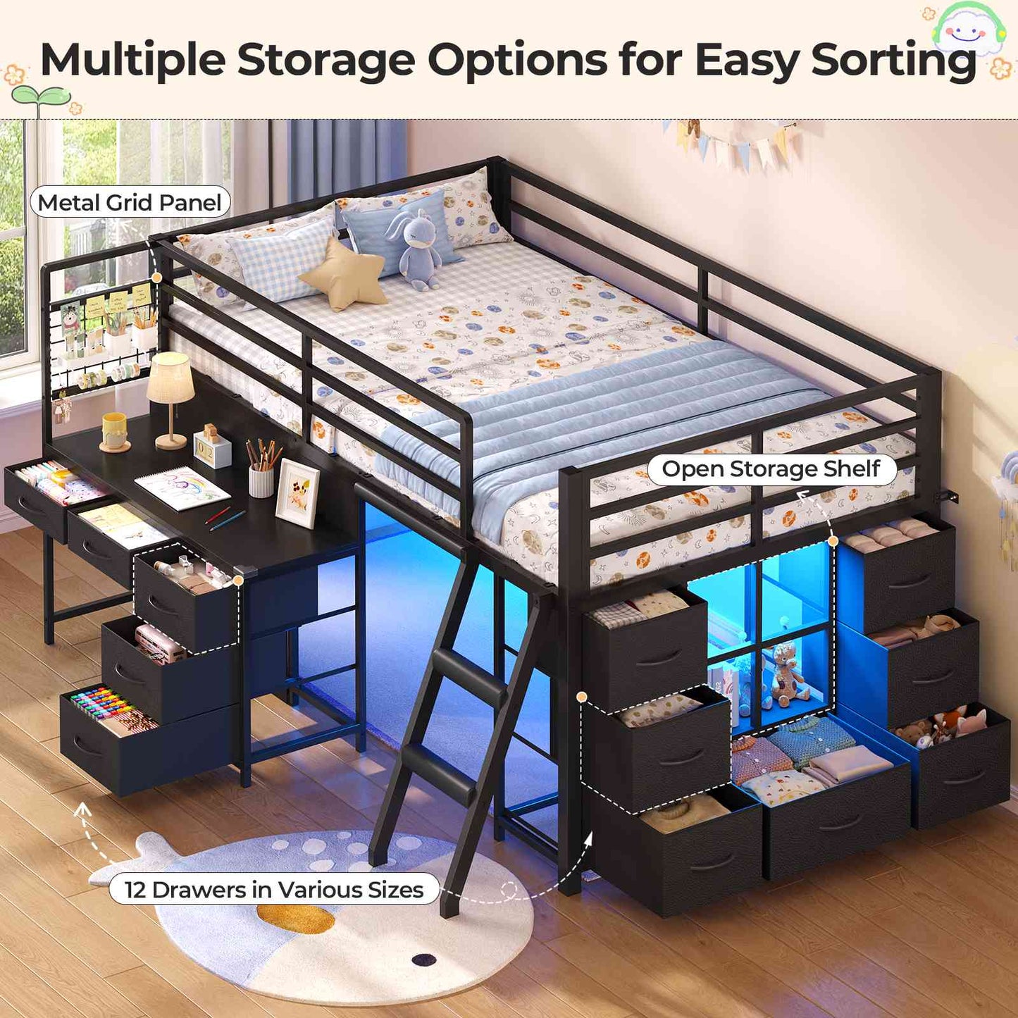 ADORNEVE Low Loft Bed Twin Size with Desk and 12 Storage Drawers Kids LED Loft Bed with Secret Fort and Safety Guardrails Loft Bed with Shelf and Slanted Ladder