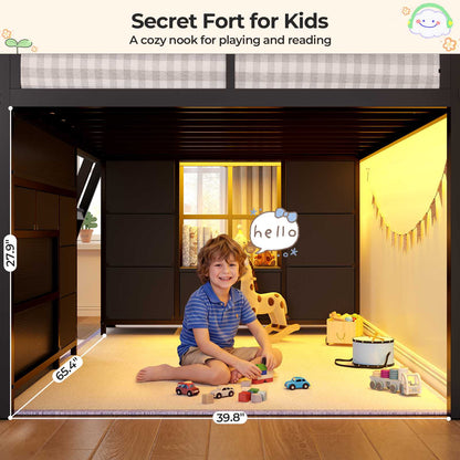 ADORNEVE Low Loft Bed Twin Size with Desk and 12 Storage Drawers Kids LED Loft Bed with Secret Fort and Safety Guardrails Loft Bed with Shelf and Slanted Ladder