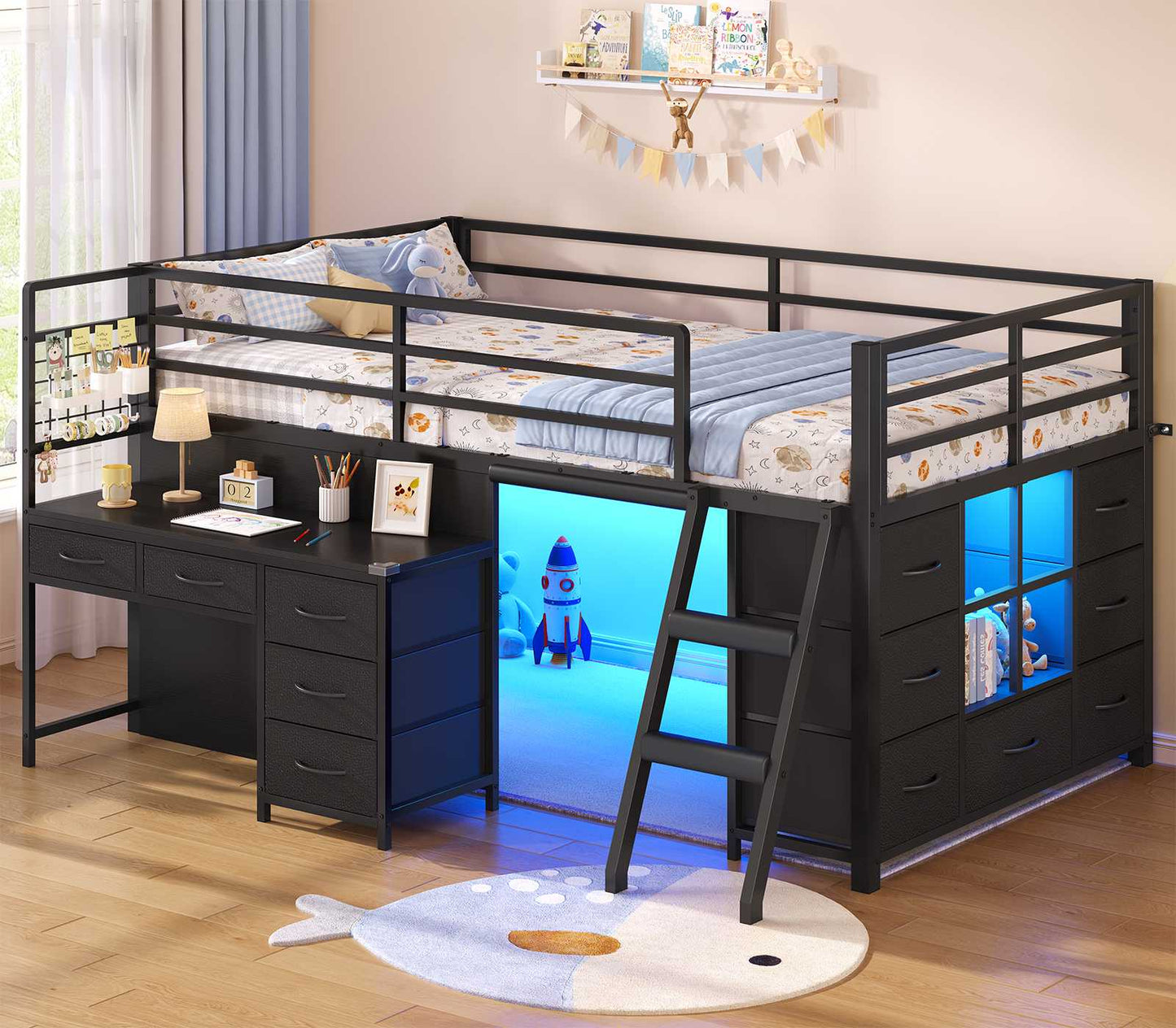 ADORNEVE Low Loft Bed Twin Size with Desk and 12 Storage Drawers Kids LED Loft Bed with Secret Fort and Safety Guardrails Loft Bed with Shelf and Slanted Ladder