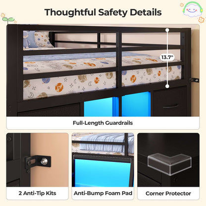 ADORNEVE Low Loft Bed Twin Size with Desk and 12 Storage Drawers Kids LED Loft Bed with Secret Fort and Safety Guardrails Loft Bed with Shelf and Slanted Ladder