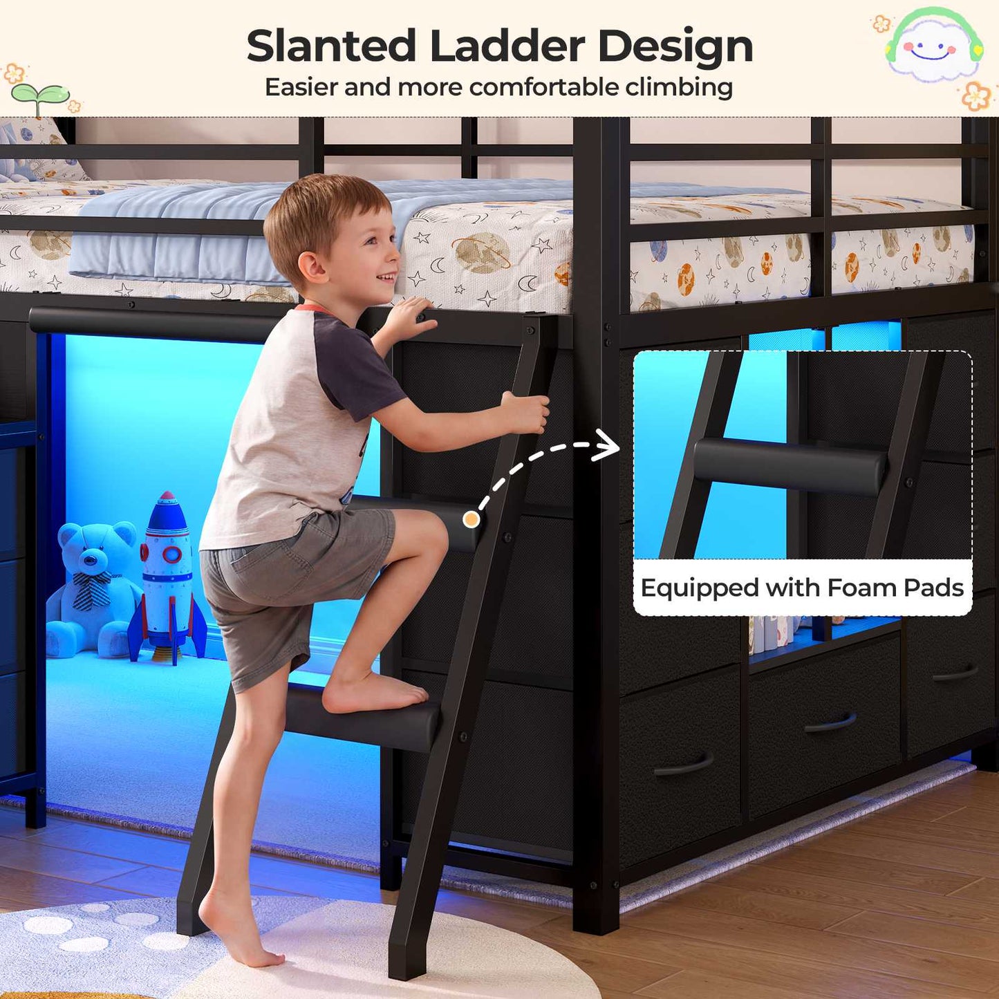 ADORNEVE Low Loft Bed Twin Size with Desk and 12 Storage Drawers Kids LED Loft Bed with Secret Fort and Safety Guardrails Loft Bed with Shelf and Slanted Ladder