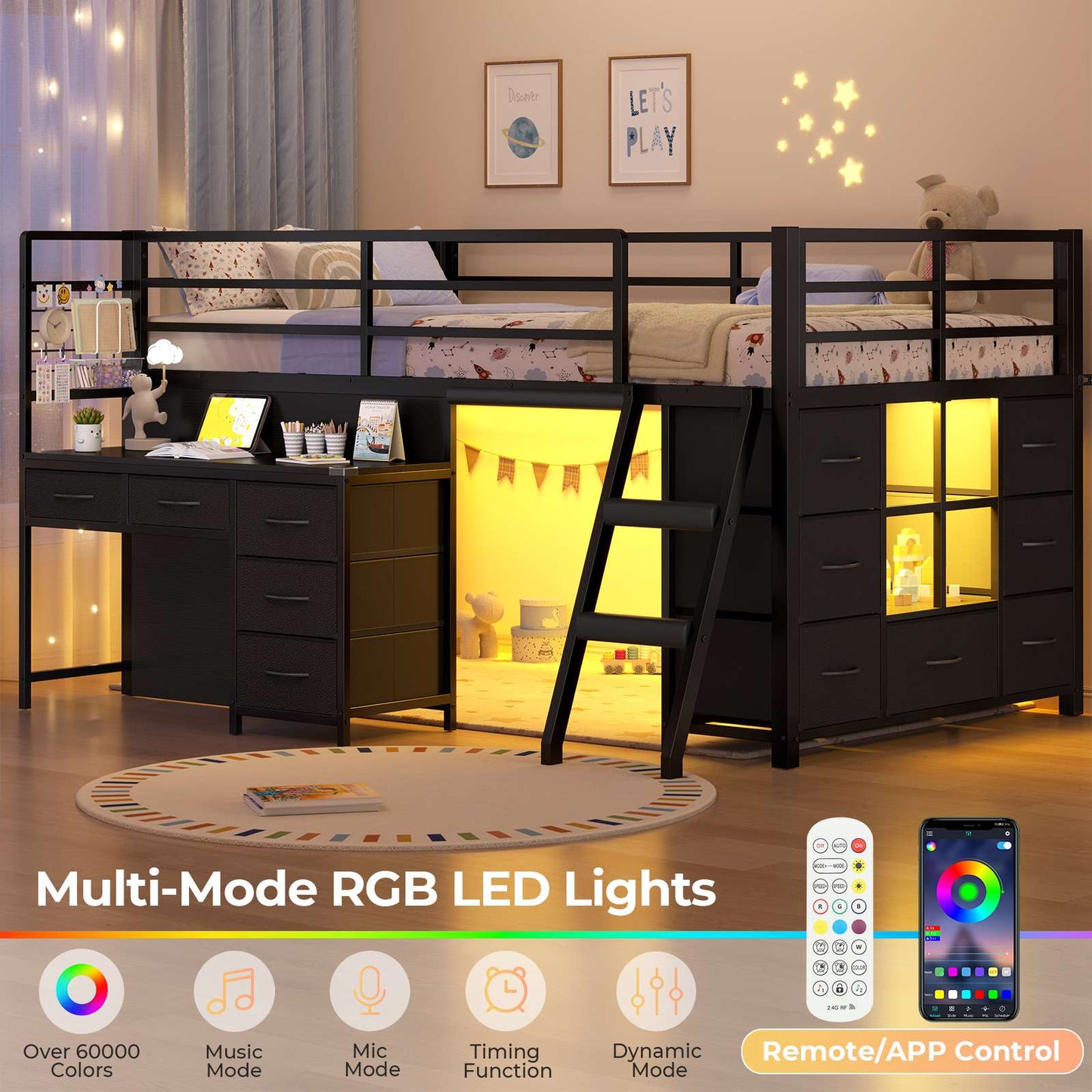 ADORNEVE Low Loft Bed Twin Size with Desk and 12 Storage Drawers Kids LED Loft Bed with Secret Fort and Safety Guardrails Loft Bed with Shelf and Slanted Ladder